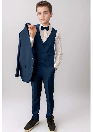 Riccotarz Erkek Çocuk Blazer Ceketli, Cepken Yelekli Lacivert Takım Elbise 5-9 Yaş Lacivert