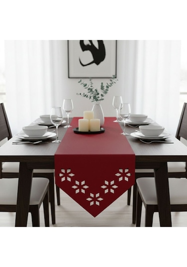 1 Adet Deri Runner-40x140 Cm-çiçek Desenli Runner Kırmızı