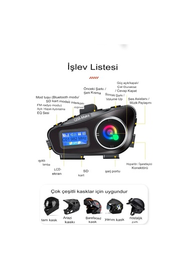 Q58-max Radyolu 2 Kişi Bağlantılı Bluetooth Kask Kulaklık Ekranlı Fenerli Müzik Ve Telsiz Intercom