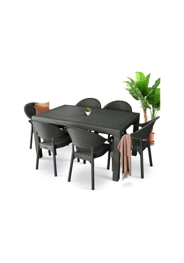 Bambu Siyah 90x150 Cm Camsız Rattan Bahçe Balkon Masa Takımı Siyah