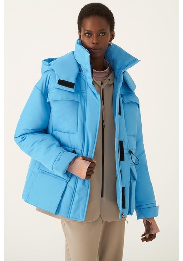 Perspective Kapüşonlu Şişme Uzun Kollu Mavi Kadın Mont 22270547