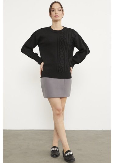 Prenses Kol Örgü Detaylı Triko Kazak - Siyah 001