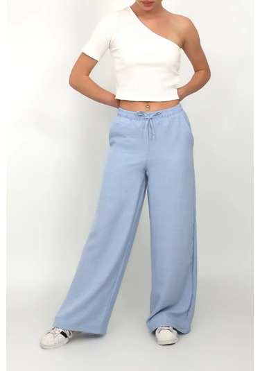 Kadın Beli Lastikli Geniş Paça Keten Pantolon Mavi