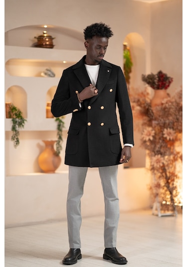 Paul Martin İtalyan Yaka Yünlü Kruvaze Kaşe Kaban Siyah