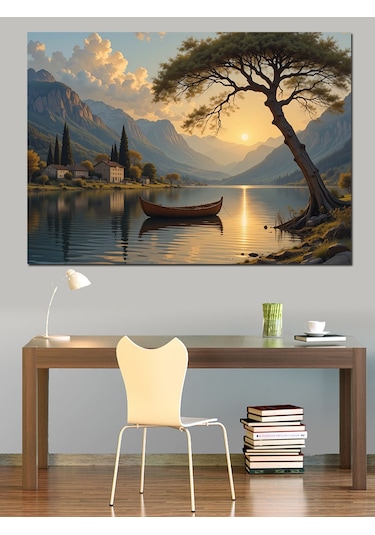 Göl Kıyısında Günbatımı Dekoratif Kanvas - Mdf Ahşap Tablo