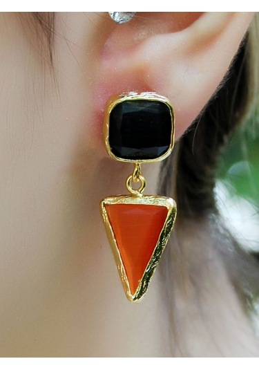 Kare Üçgen Modelli Kedigözü Cam Gold Kaplamalı Kadın Küpe Euku24sk Kırmızı