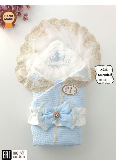 Pembe Triko Örgü Kız Bebek Batttaniyesi Kundağı Kalın Dantelli Yenidoğan Hastane Çıkışı Hediyelik Mavi