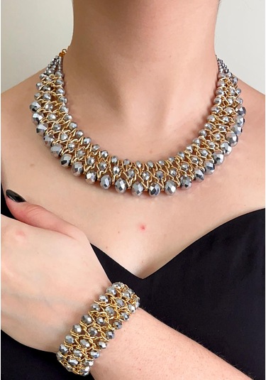 Rose Kristal Taşlı Türk El Yapımı Gerdanlık Kolye Ve Bilezik Set Rose Gold