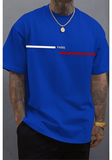 Paris Baskılı Unisex Tshırt Saks Mavisi