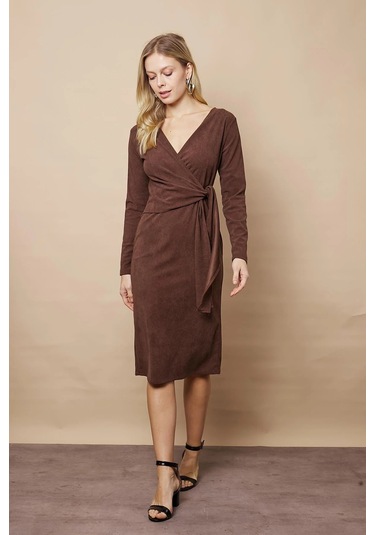 Kadın Kadife Kumaş Kruvaze Anvelop Bağcıklı Uzun Kol Diz Altı Elbise-kahve Kahve