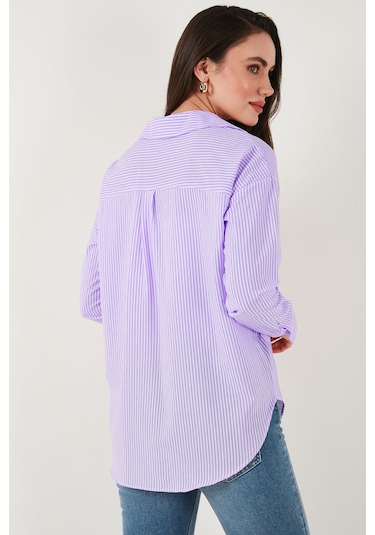 Lela Regular Fit Uzun Kollu Cepli Çizgili Bayan Gömlek 6772895 Lila