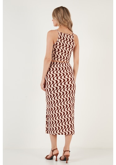 Lela Slim Fit Ip Askılı Yırtmaçlı Bayan Takım 5865278 Kahve-Beyaz
