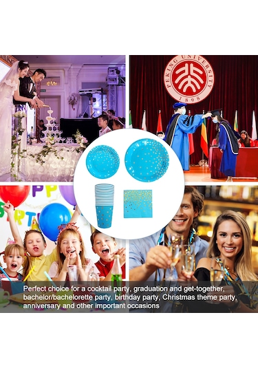 Kosona 10 Kişilik Mavi Altın Noktalı Tek Kullanımlık Parti Seti: Tabak, Servis Kağıdı, Bıçak-çatal-kaşık Ve Banner - Festivite Dekorasyonu