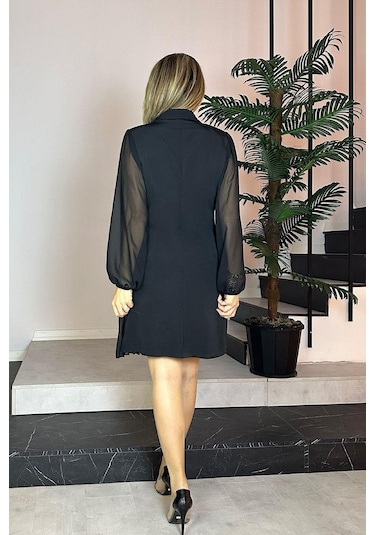 G0793 Kruvaze Yaka Düğme Detaylı Piliseli Elbise Siyah-siyah