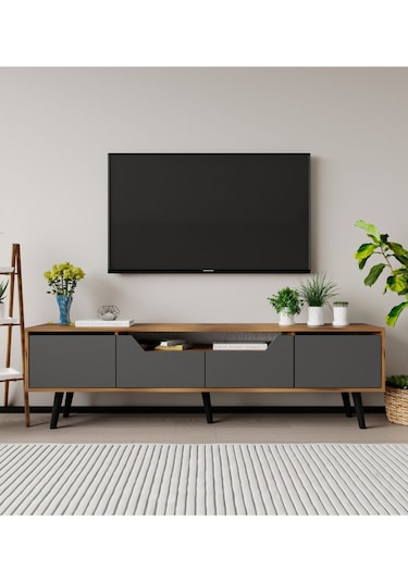 Roma Ahşap Ayaklı Tv Ünitesi Tv Sehpası Ceviz-antrasit