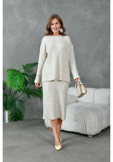 Kadın Bisiklet Yaka Uzun Kazak Etek İkili Triko Takım Taş