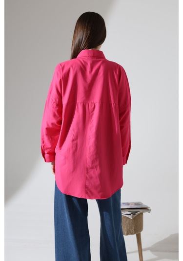 Yeni Sezon Poplin Kumaş Çift Cepli Oversize Pamuklu Kadın Tunik Gömlek Fuşya