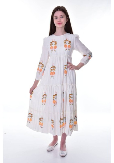 Kız Çocuk Pamuklu Keten Uzun Boydan Astarlı Elbise Açık Turuncu-krem