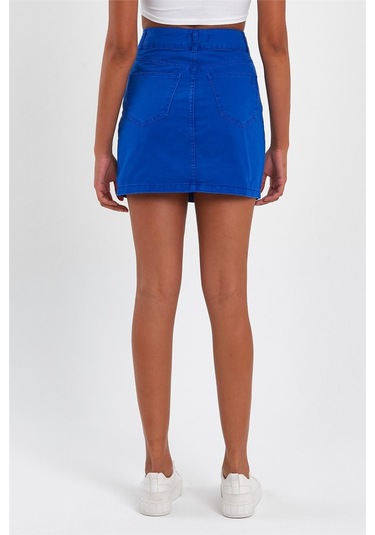 Kadın Çift Düğmeli Mini Kot Etek Saks-saks Saks Mavi