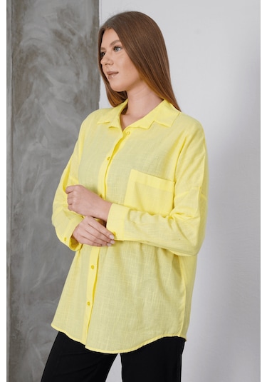 Paw Garage Kadın London Keten Tek Cepli Oversize Gömlek, Premium Kalite Keten Gömlek Sarı