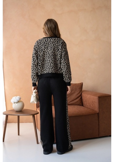Kadın Geniş Yaka Desenli Kazak Pantolon İkili Triko Takım Siyah