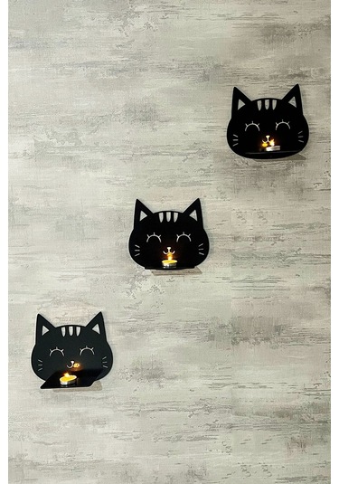 Dekoratif Kedi Duvar Rafı 3 Lü Set 20 Cm Duvar Mumluğu Siyah