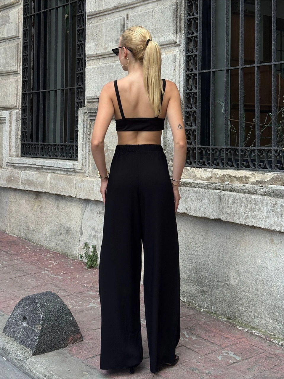 Kadın Yüksek Bel Kuşaklı %100 Viscose Pamuk Geniş Paça Şık Casual Büyük Beden Curve Pantolon Siyah