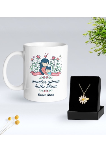 Bk Gift Kişiye Özel Anneler Günü Tasarımlı Beyaz Kupa Ve Papatya Kolye Hediye Seti - 3, Anneler Günü Hediyeleri, Anneye Hediye Kobitmeyencom30514 Bk G