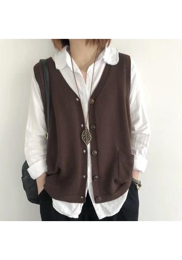 Yeşil Kadın Örgü Yelek V Yaka Kolsuz Tek Sıralı Sıcak Yelek Düz Renk Bol Kesim Yeşil