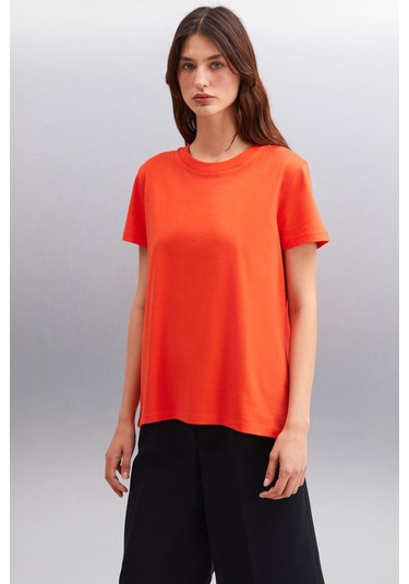 GRIMELANGE Samantha Kadın %100 Organik Pamuklu Comfort Fit Arkası Uzun Basic Örme Kırmızı T-shirt Kırmızı