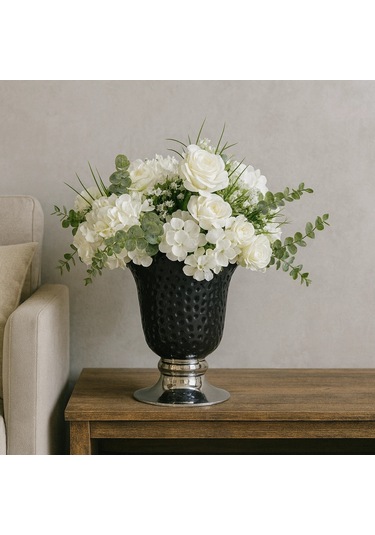 Siyah Dokulu Vazo Beyaz Gül & Ortanca Yapay Aranjman Salon