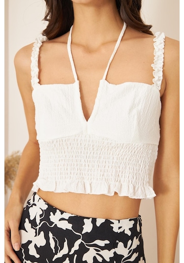 Darlin Moda Beyaz Askılı Crop Bluz Dm7003 Beyaz