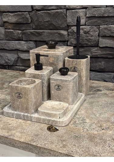 Silver Traverten Kare Model Yedi Parça Banyo Seti Beyaz