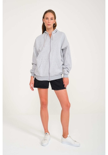 Harmandar Baskısız Unisex Gri Cepli Kapüşonlu Fermuarlı Sweatshirt Hırka Gri