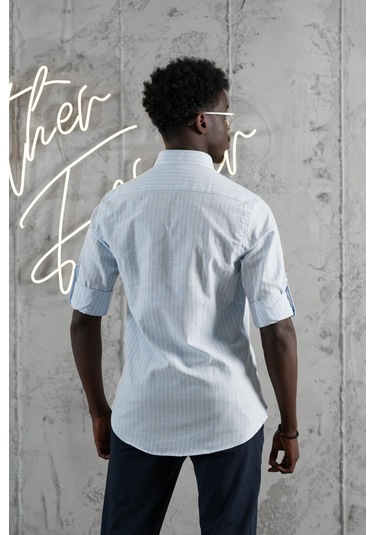 Advante Çizgili Yaka Düğmeli Katlamalı Kol Pamuklu Slimfit Yazlık Keten Gömlek Mavi