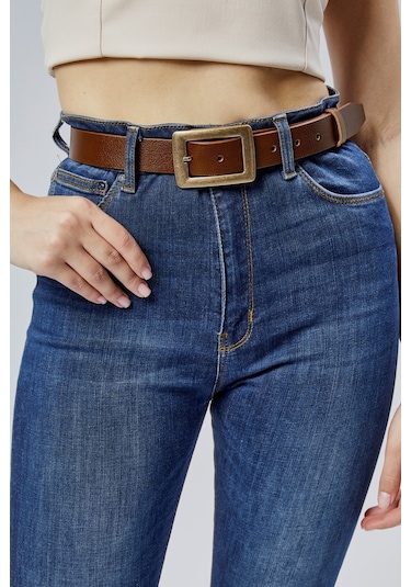 %100 Hakiki Deri Antik Sarı Tokalı Kadın Kemeri 3cm Açık Kahverengi