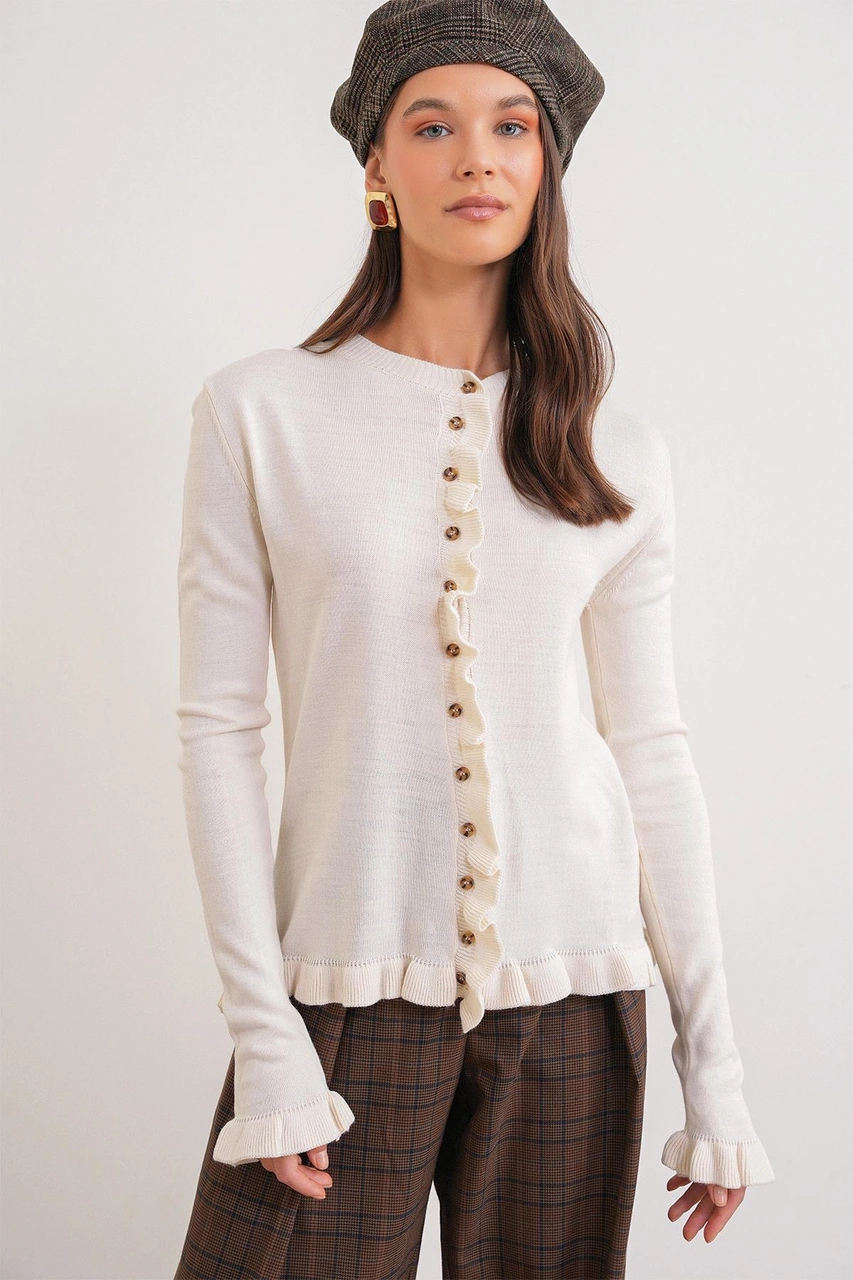 6964 Kadın Düz Fırfırlı Düğmeli Hırka Naturel Naturel