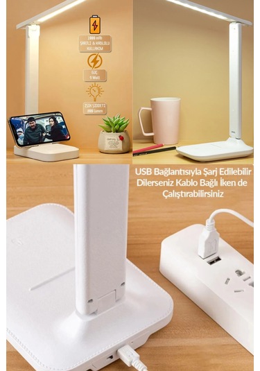Şarjlı Masa Lambası - 3 Renk Dokunmatik Telefon Standlı 9w Led 800 Lümen Usb Şarjlı Beyaz