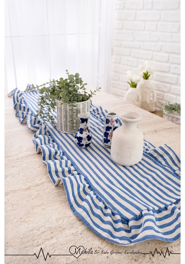 Lacivert Çizgili 40x125 Şık Tasarım Ekstra Büyük Fırfırlı Runner, %100 Keten Runner Bej