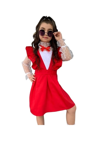 Kız Çocuk Gömlek / Salopet Kırmızı Takım Çok Renkli