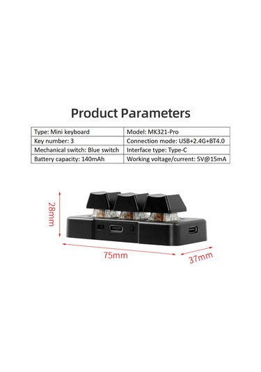 Xindoker "mk321-pro 3 Tuşlu Mini Mekanik Klavye - Mavi Switch, Usb/2.4g/bt Bağlantı, Ofis/oyun İçin"