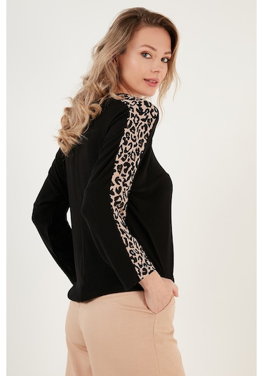 Lela Kolları Leopar Desenli Bisiklet Yaka Bayan Bluz 5863809 Siyah