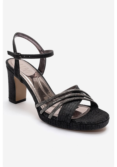 Luvishoes Jarena Siyah Simli Taşlı Kadın Kalın Topuklu Abiye Ayakkabı