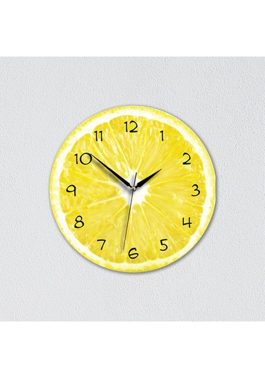 Cajuart Dekoratif Ahşap Limon İçi Canlı Yuvarlak Mutfak Duvar Saati Ahşap