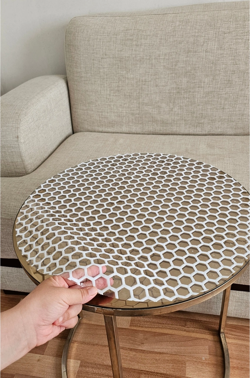 Rona Home Yuvarlak Orta Sehpa Lüks Hasır Pvc Şeffaf Petek Desen Masa Örtüsü Silinebilir, Çeyizlik Beyaz