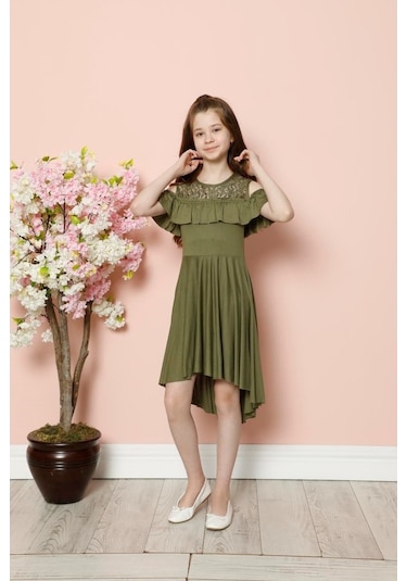 Aymeravm - Omuz Pencereli Göğsü Dantelli Kız Çocuk Elbise - C... (536885580) Haki