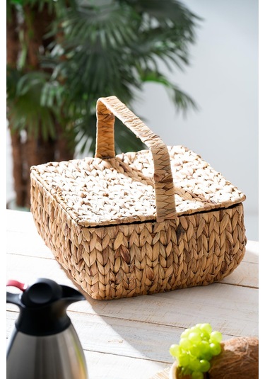 Acar Wicker Kapaklı Hasır Piknik Sepeti - 32 Cm Kahverengi