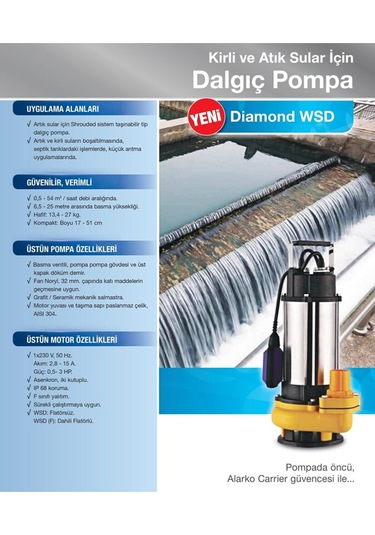 Alarko Wsd 25-17 - 1.5 Hp - 220V - Açık Fanlı Pis Su Dalgıç Pompa