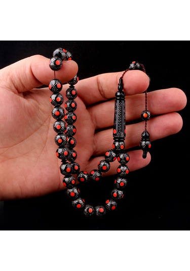 Kırmızı Mineli 925 Ayar Gümüş İşlemeli Kuka Tesbih