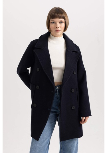 Defacto Regular Kalıp Kruvaze Yaka Düğmeli Cepli Yünlü Hafif Uzun Kaşe Kaban A9899AX23WNNV176 Lacivert